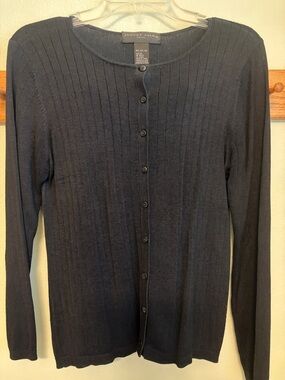 August Silk black ribbed button-up sweater